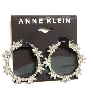 Anne Klein Pave Crystal Flower Silver Medium Hoop Earrings NWT
